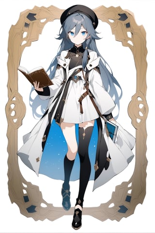 fu hua,(full body), nai3, solo, artstyle,best quality,amazing quality,very aesthetic,absurdres,traditional media 
1girl, solo, long hair, looking at viewer, bangs, blue eyes, brown hair, thighhighs, long sleeves, hat, white background, dress, holding, hair between eyes, closed mouth, full body, shoes, socks, black thighhighs, black footwear, white dress, coat, book, kneehighs, black headwear, beret, single thighhigh, holding book, asymmetrical legwear, open book, uneven legwear, mismatched legwear, single sock, single kneehigh