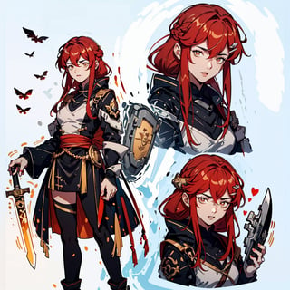 muscular mechanical body,  black leather coat,(( holding chinese blade and Shield)) ,fu hua, ,Rebellious girl,midjourney portrait,swordsman,full_body,hair_between_eyes, a girl, white eyes, ((red hair:1.2)),lixue , 
,lixue