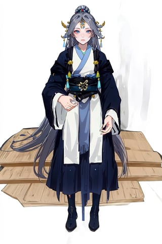  (masterpiece:1.3), (the best quality:1.2), (super fine illustrations:1.2), (Masterpiece), high quality, high detail,((white background:1.2)), looking at viewer, (SOLO:1.4),outline,,simple background, tiara, haori, braid, tassel, hair rings, forehead jewel, circlet, parted bangs, jingle bell,long sleeves, wide sleeves,ponytail,ornament,hair ornament,Grey hair,Chinese clothes,taoist robes, boots, long hair, blue eyes,grey hair, blue eyes, hair ornament, centre parting bangs, ponytail, taoist robes, chinese clothes,(((black skirt)))