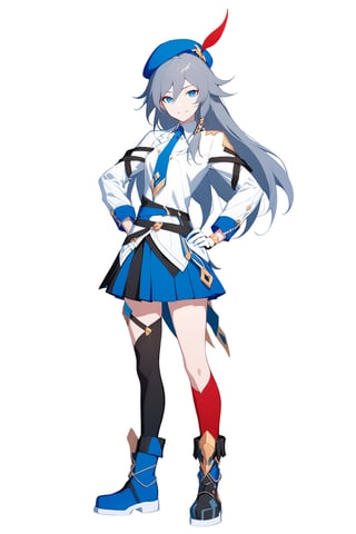 [[fu hua (phoenix)(honkai impact 3rd)]], nai3, 1girl, solo, artstyle,
1girl, solo, long hair, looking at viewer, smile, open mouth, bangs, blue eyes, skirt, simple background, shirt, thighhighs, gloves, long sleeves, hat, white background, hair between eyes, closed mouth, jacket, full body, white shirt, grey hair, pleated skirt, boots, necktie, blue skirt, hand on hip, beret, blue headwear, asymmetrical legwear, blue footwear, blue necktie, mismatched legwear, fu hua