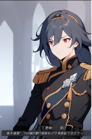 [[fu hua (phoenix)(honkai impact 3rd)]], nai3, 1girl, solo, artstyle,
solo, black hair, 1boy, upper body, male focus, hairband, uniform, military, military uniform, fake screenshot, subtitled