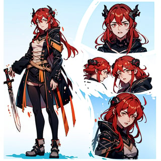 muscular mechanical body,  black leather coat ,fu hua, ,Rebellious girl,midjourney portrait,swordsman,full_body,hair_between_eyes, a girl, white eyes, ((red hair:1.2)),lixue , 
,lixue