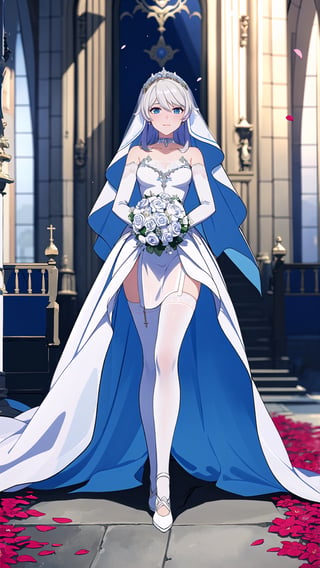 (1 beautiful woman, ornamented long blue hair,expensive detailed white wedding dress design by Clare Waight Keller, white bride veil, long white gloves),(full body) walking to the altar, holding a bouquet, church location, wedding, celebration time, petals falling down,Anime