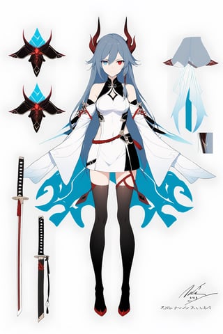 [[fu hua (phoenix)(honkai impact 3rd)]], nai3, 1girl, solo, artstyle,
1girl, long hair, breasts, looking at viewer, bangs, skirt, simple background, red eyes, thighhighs, long sleeves, white background, dress, bare shoulders, closed mouth, blue hair, standing, full body, weapon, detached sleeves, horns, sword, signature, wide sleeves, blunt bangs, white dress, character name, dated, two side up, zettai ryouiki, gradient, sleeves past wrists, covered navel, multiple views, heterochromia, short dress, katana, sheath, sheathed, backless outfit, reference sheet, concept art, multiple horns, sideless outfit