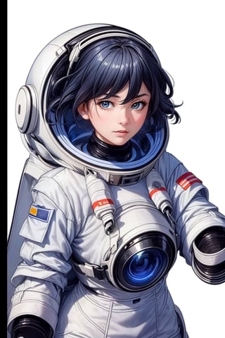 (masterpiece:1.3),(the best quality:1.2),(super fine illustrations:1.2),(Masterpiece),high quality,high detail,(white background:1.2),looking at viewer,(SOLO:1.4),outline,simple background,fu hua, a beautiful girl in the sky from Mars, establishing herself in a spacesuit,fu hua,astronauts