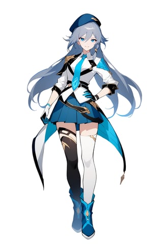 [[fu hua (phoenix)(honkai impact 3rd)]], nai3, 1girl, solo, artstyle,
1girl, solo, long hair, looking at viewer, smile, open mouth, bangs, blue eyes, skirt, simple background, shirt, thighhighs, gloves, long sleeves, hat, white background, hair between eyes, closed mouth, jacket, full body, white shirt, grey hair, pleated skirt, boots, necktie, blue skirt, hand on hip, beret, blue headwear, asymmetrical legwear, blue footwear, blue necktie, mismatched legwear, fu hua