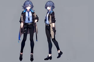 [[fu hua (phoenix)(honkai impact 3rd)]],nai3,1girl,solo,blue eyes {artist:ask(askzy)}, (Multiple views) ,necktie,gloves,jewelry,jacket on shoulders,blue eyes,black pants,belt,jacket,hair rings,hair stick,braid,hair ornament,blue necktie,collared shirt,white shirt,pants,hair between eyes,black footwear,earrings,black gloves,shirt,((three sided view,full body,simple background,multiple views,highres)).