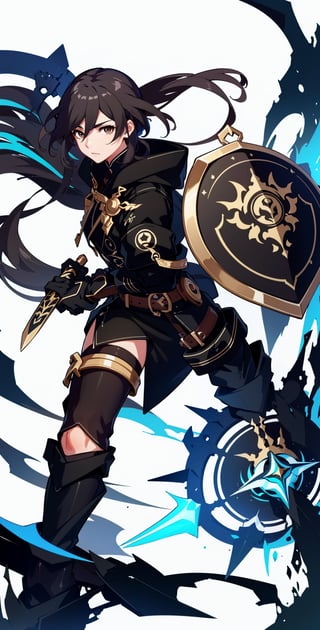  muscular mechanical body, ((brown eyes, black-hair)), black leather coat, holding chinese blade and Shield ,fu hua