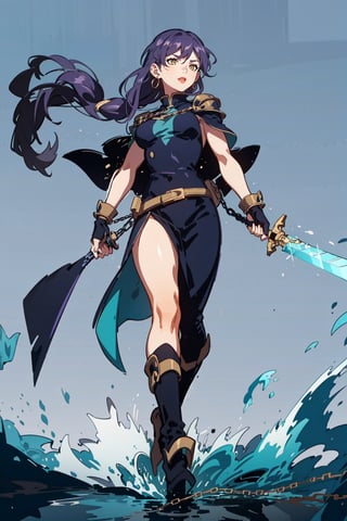 parametersmasterpiece,best quality,8k,simple details,1girl,(battle tendency:1.2),long hair,weapon,((purple hair)),solo,holding,sword,armor,holding weapon,looking at viewer,holding sword,shoulder armor,gloves,jewelry,chain,dress,full body,bangs,red lips,floating hair,earrings,pauldrons,cape,lips,standing,black dress,very long hair,yellow eyes,Taoist robes,girl,water,fu hua, , , 
