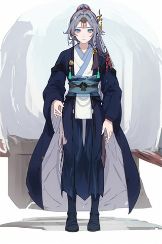  (masterpiece:1.3), (the best quality:1.2), (super fine illustrations:1.2), (Masterpiece), high quality, high detail,((white background:1.2)), looking at viewer, (SOLO:1.4),outline,,simple background, tiara, haori, braid, tassel, hair rings, forehead jewel, circlet, parted bangs, jingle bell,long sleeves, wide sleeves,ponytail,ornament,hair ornament,Grey hair,Chinese clothes,taoist robes, boots, long hair, blue eyes,grey hair, blue eyes, hair ornament, centre parting bangs, ponytail, taoist robes, chinese clothes,black pants