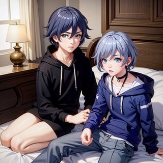 short hair,Shota,bigeyes,white hair,Shota,Shota,Shota,Shota,black hoodie,the bed,fu hua