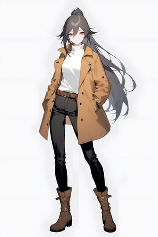 [[fu hua (phoenix)(honkai impact 3rd)]], nai3, 1girl, solo, artstyle,
1girl, solo, long hair, looking at viewer, simple background, brown hair, shirt, black hair, long sleeves, white background, hair between eyes, brown eyes, standing, jacket, full body, ponytail, boots, open clothes, belt, pants, coat, turtleneck, brown footwear, black pants, hand in pocket, brown belt,leather_clothes