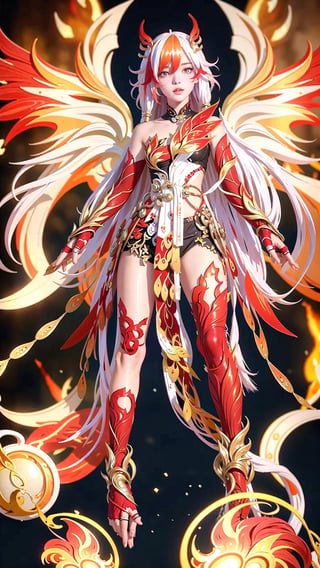 (masterpiece:1.3), (the best quality:1.2), (super fine illustrations:1.2), (Masterpiece), high quality, high detail,(white background:1.2), looking at viewer, (SOLO:1.4),outline,,simple background,armor,red legwear,thighhighs,boots,facial mark,head wings,red gloves,two-tone hair,earrings,gloves,tassel,leotard,skirt,dress,elbow gloves,twintails,bare shoulders,tattoo,phoenix,ribbon,red ribbon,bangs,white hair,orange eyes,streaked hair,fu hua,orange hair,fiery hair,hair between eyes,multicolored hair,fiery wings,jewelry,hair ornament,gloves,hair ribbon,pattern on hair,logo,yellow pupils,diamond shaped pupils,