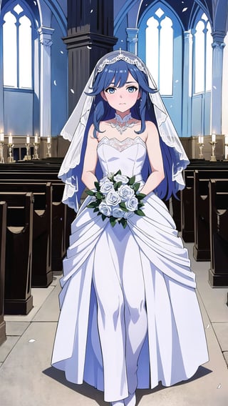 (1 beautiful woman, ornamented long blue hair,expensive detailed white wedding dress design by Clare Waight Keller, white bride veil, long white gloves), walking to the altar, holding a bouquet, church location, wedding, celebration time, petals falling down,Anime