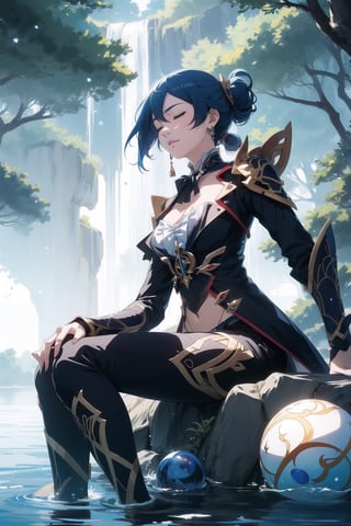 2d, masterpiece, best quality, anime, highly detailed face, highly detailed background, perfect lighting, solo, Sitting on a stone, surrounded by water, in a lake, meditating, eyes closed, blue hair, meditation pose, (Ball-shaped floating water around:1.3), blue warrior clothes with black, background waterfall, nature, forest,fu hua