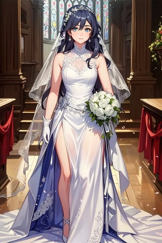 (masterpiece:1.3),(the best quality:1.2),(super fine illustrations:1.2),(Masterpiece),high quality,high detail,(white background:1.2),looking at viewer,(SOLO:1.4),outline,simple background, (ornamented long blue hair,expensive detailed white wedding dress design by Clare Waight Keller, white bride veil, long white gloves), walking to the altar, holding a bouquet, church location, wedding, celebration time, petals falling down, fu hua