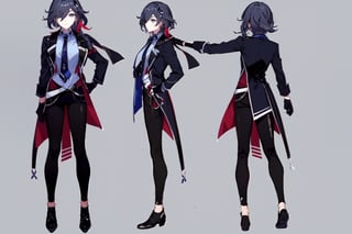 [[fu hua (phoenix)(honkai impact 3rd)]],nai3,1girl,solo,blue eyes {artist:ask(askzy)}, (Multiple views) ,necktie,gloves,jewelry,jacket on shoulders,blue eyes,black pants,belt,jacket,hair rings,hair stick,braid,hair ornament,blue necktie,collared shirt,white shirt,pants,hair between eyes,black footwear,earrings,black gloves,shirt,((three sided view,full body,simple background,multiple views,highres)).