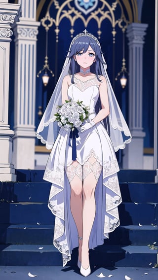 (1 beautiful woman, ornamented long hair,expensive detailed white wedding dress design by Clare Waight Keller, white bride veil, long white gloves),(full body) walking to the altar, holding a bouquet, church location, wedding, celebration time, petals falling down,Anime,fu hua