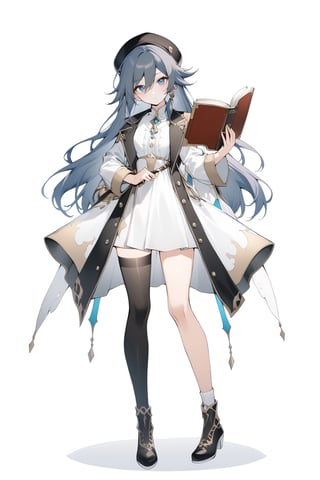 fu hua,(full body), nai3, solo, artstyle,best quality,amazing quality,very aesthetic,absurdres,traditional media 
1girl, solo, long hair, looking at viewer, bangs, blue eyes, brown hair, thighhighs, long sleeves, hat, white background, dress, holding, hair between eyes, closed mouth, full body, shoes, socks, black thighhighs, black footwear, white dress, coat, book, kneehighs, black headwear, beret, single thighhigh, holding book, asymmetrical legwear, open book, uneven legwear, mismatched legwear, single sock, single kneehigh