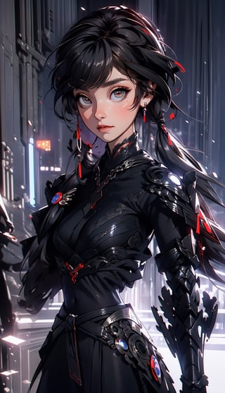 ((Masterpiece, best quality, ultra-detailed, best shadow, Unreal Engine 5)), (detailed background), (pretty face), one female vampire, dark red eyes, long black hair, bangs, hair_past_waist, perfect figure, ((dragon armor)), warrior, ((facing_viewer)),fu hua