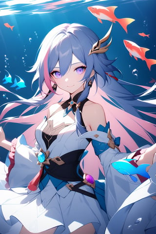 [[fu hua (phoenix)(honkai impact 3rd)]], nai3, 1girl, solo, artstyle,
1girl, solo, long hair, looking at viewer, smile, bangs, blue eyes, hair ornament, bow, bare shoulders, blue hair, purple eyes, pink hair, multicolored hair, frills, wide sleeves, blunt bangs, copyright name, frilled sleeves, fish, bubble, underwater, vision \(genshin impact\), bow-shaped hair