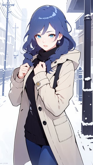 moments stretch and twist, turning a hurried walk into an eternity of swirling flakes. (masterpiece, detailed artwork), Snowflakes,1girl, golden eyes, sleepy, blush, (detailed lips), (cute winter coat, knitted winter coat), layla, twin drills, drill locks, blue hair, jewelry, sleepy eyes, Snow, snowflakes,masterpiece