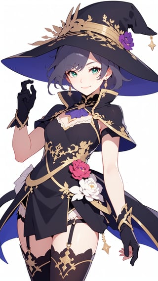 (masterpiece), (best quality), 1girl, green eyes, brown hair, looking at viewer, smiling, curvy, purple witch hat, black gloves, thighhighs, library background,lisadef,senti, , ,[(white background:1.5)::5]