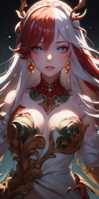 masterpiece, best quality, illustration, full body image, ornate and elaborate dress, platinum earrings, tiara, platinum necklace, white dress, 1 girl, cute, (dynamic lighting:1.2), cinematic lighting, delicate facial features, detailed eyes, green eyes, long red hair, sharp pupils, realistic pupils, depth of field, bokeh, sharp focus, (hyper-detailed, bloom, glow:1.4), red hair, full lips, big_breasts,fu_hua/young,fu hua\bengluo