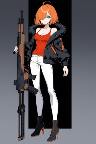 (full body), nai3, 1girl, solo, artstyle,
1girl, solo, breasts, looking at viewer, short hair, bangs, blue eyes, simple background, shirt, holding, cleavage, medium breasts, closed mouth, standing, jacket, full body, weapon, ahoge, boots, open clothes, pants, black footwear, holding weapon, orange hair, hair over one eye, high heels, open jacket, black jacket, gun, fur trim, black background, red shirt, holding gun, rifle, white pants, submachine gun