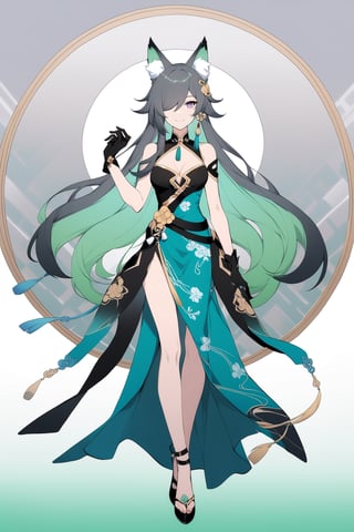 [[fu hua(Honkai Impact 3rd)]], (full body), nai3, 1girl, solo, artstyle,
1girl, solo, long hair, breasts, looking at viewer, smile, bangs, black hair, hair ornament, gloves, dress, holding, animal ears, cleavage, hair between eyes, bare shoulders, closed mouth, purple eyes, green hair, black gloves, hair over one eye, animal ear fluff, fox ears, chinese clothes, china dress