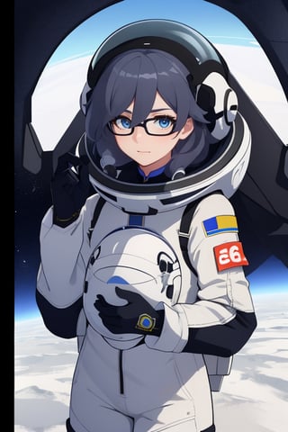 a beautiful girl in the sky from Mars, establishing herself in a spacesuit,fu hua,astronauts,space shuttle orbiter,holding the helmet,glasses