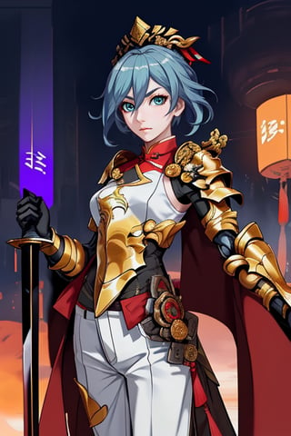 sanguozhi, solo,  cape, sword, facial hair, helmet,,(looking at viewer:1.2), centered, (upper body), photography of a 22yo woman, masterpiece, | (beautiful detailed eyes:1.2), short hair, aqua hair color, light blue eyes, armored top, pauldrons, wide hips, lowleg armored pants, | sunset, bokeh, depth of field ,fu hua,(((female focus,armor,Chinese Armor,golden armor))),fu hua,delicate\(armor\),MECHA