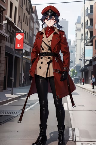 a beautiful woman,(( wearing a red trench coat)),highly detailed, expressive, cheerful, black hair,red eyes,fu hua,(((leather coat,Trench coat,pants,boots,uniform,closed clothes,hat))), red eyes