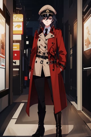 a beautiful woman,(( wearing a red trench coat)),, key visual, vibrant, highly detailed, expressive, cinematic lighting, detailed eyes, cheerful, black hair,red eyes,fu hua,(((leather coat,Trench coat,pants,boots,uniform,closed clothes,hat))), senti, red eyes
