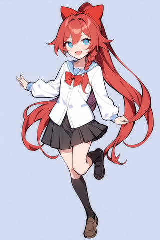 [[fu hua(Honkai Impact 3rd)]], (full body), nai3, 1girl, solo, artstyle,
1girl, solo, long hair, smile, open mouth, blue eyes, skirt, long sleeves, bow, ribbon, very long hair, school uniform, ponytail, braid, :d, hair bow, red hair, socks, kneehighs, hair intakes, leg up, black socks