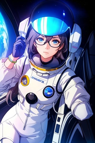 a beautiful girl in the sky from Mars, establishing herself in a spacesuit,fu hua,astronauts,space shuttle orbiter,holding the helmet,glasses