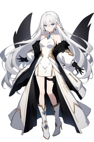 (full body), nai3, 1girl, solo, artstyle,
1girl, solo, long hair, breasts, looking at viewer, bangs, blue eyes, simple background, gloves, long sleeves, white background, dress, hair between eyes, bare shoulders, jewelry, medium breasts, very long hair, standing, jacket, full body, braid, white hair, earrings, boots, parted lips, open clothes, sleeveless, black gloves, off shoulder, white dress, high heels, coat, thigh strap, white footwear, white jacket, high heel boots, open coat, white coat
Durandal/Bianka Ataegina