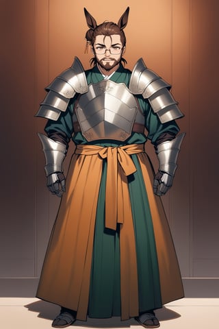 (full body), nai3, solo, artstyle,best quality,amazing quality,very aesthetic,absurdres,traditional media solo, looking at viewer,
,horse tail, full body,, male focus,facial hair,((( horse ears, brown eyes,hanfu,fat, glasses,breastplate,shoulder armor,gauntlets,pauldrons,))),30y.o.solo,hair bun