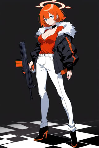 (full body), nai3, 1girl, solo, artstyle,
1girl, solo, breasts, looking at viewer, short hair, blue eyes, simple background, shirt, holding, cleavage, standing, jacket, full body, weapon, red hair, open clothes, pants, black footwear, holding weapon, orange hair, high heels, black jacket, gun, fur trim, halo, black background, red shirt, holding gun, white pants, fur-trimmed jacket, submachine gun