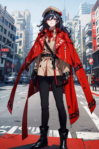 a beautiful woman, black hair,red eyes,fu hua,(((leather Trench  coat,red trench coat,pants,boots,uniform,closed clothes,hat))), senti, red eyes, blue_eyes