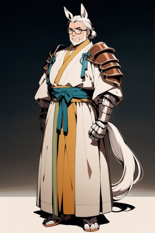 (full body), nai3, solo, artstyle,best quality,amazing quality,very aesthetic,absurdres,traditional media solo, looking at viewer,
,horse tail, full body,, male focus,facial hair,((( horse ears, brown eyes,hanfu,slightly fat, glasses,shoulder armor,gauntlets,))),30y.o.solo,hair bun
