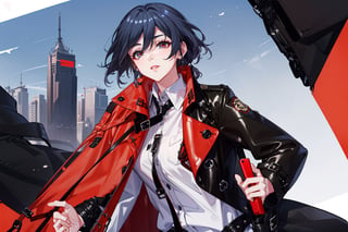 a beautiful woman, black hair,red eyes,fu hua,(((leather Trench  coat,red trench coat,long coat,black pants,boots,uniform,white shirt,opened clothes))), senti, red eyes, blue_eyes