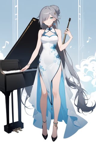 [[fu hua(Honkai Impact 3rd)]], (full body), nai3, 1girl, solo, artstyle,
 1girl, solo, long hair, breasts, looking at viewer, bangs, blue eyes, hair ornament, dress, holding, bare shoulders, jewelry, closed mouth, green eyes, standing, grey hair, earrings, sleeveless, hair bun, white dress, hair over one eye, chinese clothes, instrument, musical note, china dress, music, piano