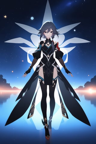 [[fu hua(Honkai Impact 3rd)]], (full body), nai3, 1girl, solo, artstyle,
1girl, solo, looking at viewer, short hair, bangs, black hair, thighhighs, gloves, hair between eyes, closed mouth, standing, sky, fingerless gloves, black eyes, night, bob cut, star \(sky\), night sky, pelvic curtain, starry sky