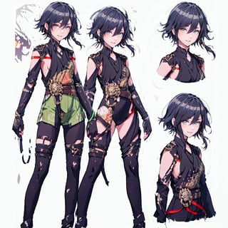 (CharacterSheet:1.2), 1 girl, solo,,headphones around neck,short hair, light smile,muscle_body, strong, fullbody black_bodysuit with green details,casual_wear, gloves, boots, pants, shirt, tecno_jacket, short-hair,,multiple views (full_body(front_view, back_view),uper_body(front_view, left_view, right_view)),(white background, simple background:1.2),(dynamic_pose:1.2),(masterpiece:1.2), (best quality, highest quality), (ultra detailed), (8k, 4k, intricate), (50mm), (highly detailed:1.2),(detailed face:1.2), detailed_eyes,(gradients),(ambient light:1.3),(cinematic composition:1.3),(HDR:1),Accent Lighting,extremely detailed,original, highres,(perfect_anatomy:1.2), perfect_face:1.2, detailed_anatomy, full_body,, , ,kongming suit,long skirt,sarashi,guanhelmet,senti,china dress with heart cutout,fu hua,chinese clothes,yifu,floral print,hanfu,chinese clothe,print robe,1girl,fu_hua