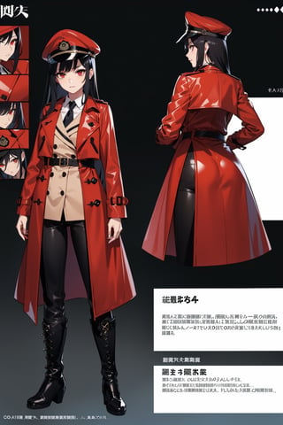 a beautiful woman,(( wearing a red trench coat)),, key visual, vibrant, highly detailed, expressive, cinematic lighting, detailed eyes, cheerful, black hair,red eyes,fu hua,(((leather coat,Trench coat,pants,boots,uniform,closed clothes,hat))), senti, red eyes