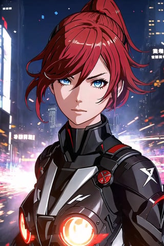 guiltys, angry, a girl, white eyes, red hair, fighting, upper body, (bokeh:1.1), depth of field, by Akihiko Yoshida, tracers, vfx, splashes, lightning, light particles, city background, masterpiece, best quality, (detailed background), (beautiful detailed face, beautiful detailed eyes), absurdres, highres, ultra detailed, masterpiece, best quality, detailed eyes,fu hua