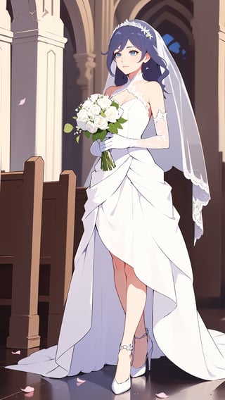 (1 beautiful woman, ornamented long hair,expensive detailed white wedding dress design by Clare Waight Keller, white bride veil, long white gloves),(full body) walking to the altar, holding a bouquet, church location, wedding, celebration time, petals falling down,Anime,fu hua