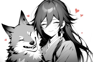 [[fu hua(honkai impact 3rd)]], nai3, 1girl, solo, artstyle,best quality,amazing quality,very aesthetic,absurdres,traditional media,female focus, 
1girl, long hair, smile, bangs, 1boy, holding, hair between eyes, jewelry, closed mouth, monochrome, closed eyes, upper body, greyscale, heart, earrings, japanese clothes, kimono, mole, mole under eye, wolf