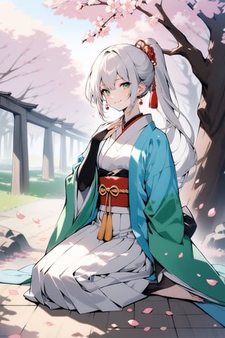 (full body), nai3, solo, artstyle,best quality,amazing quality,very aesthetic,absurdres,traditional media solo, looking at viewer,
1girl, solo, long hair, smile, skirt, long sleeves, jewelry, sitting, closed mouth, green eyes, ponytail, white hair, earrings, outdoors, japanese clothes, hand up, wide sleeves, kimono, tree, petals, looking away, cherry blossoms, hakama, bridal gauntlets, seiza, haori